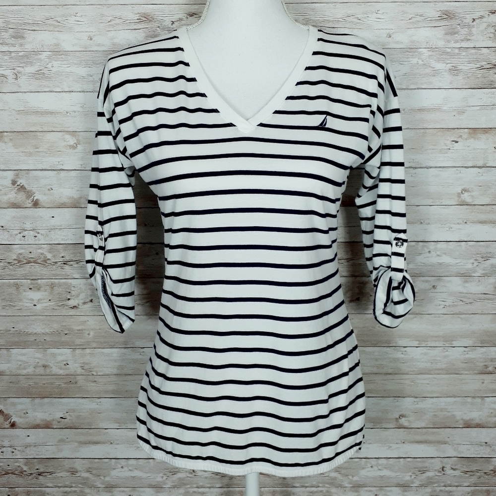 Nautica Striped Top Tee  S Black White 73